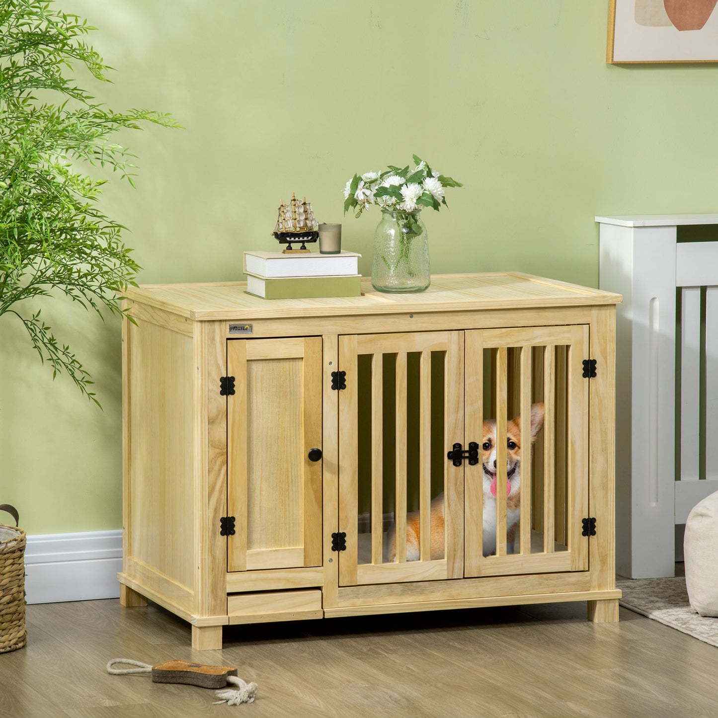 PawHut Wood Dog Crate Furniture with Hidden Food Bowl in Drawer, Dog Crate End Table with Cushion, Double Doors, for Small Dogs Indoor Use, Natural