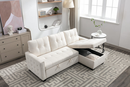 77 Inch Reversible Sectional Storage Sleeper Sofa Bed , L-Shape 2 Seat Sectional Chaise With Storage , Skin-Feeling Velvet Fabric ,Beige Color For Living Room Furniture