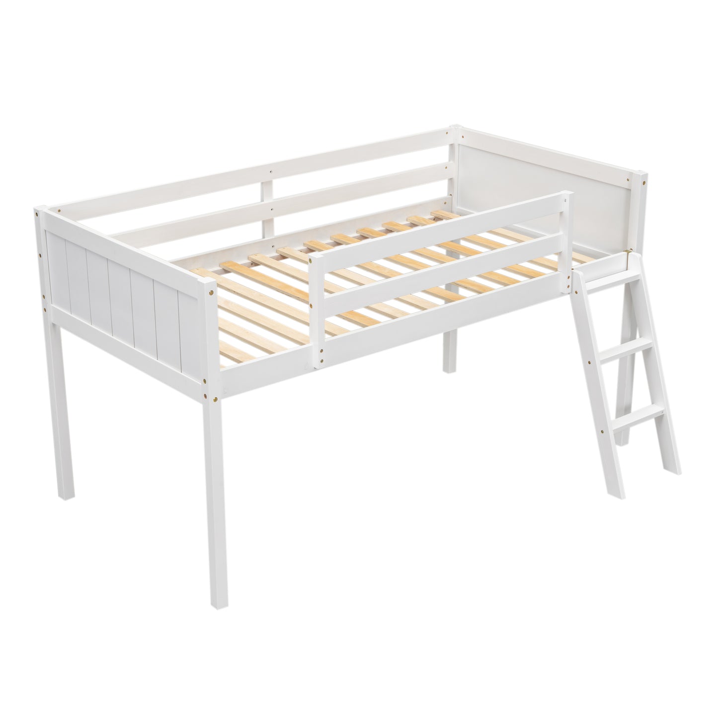 Twin Size Wood Low Loft Bed with Ladder, ladder can be placed on the left or right, White