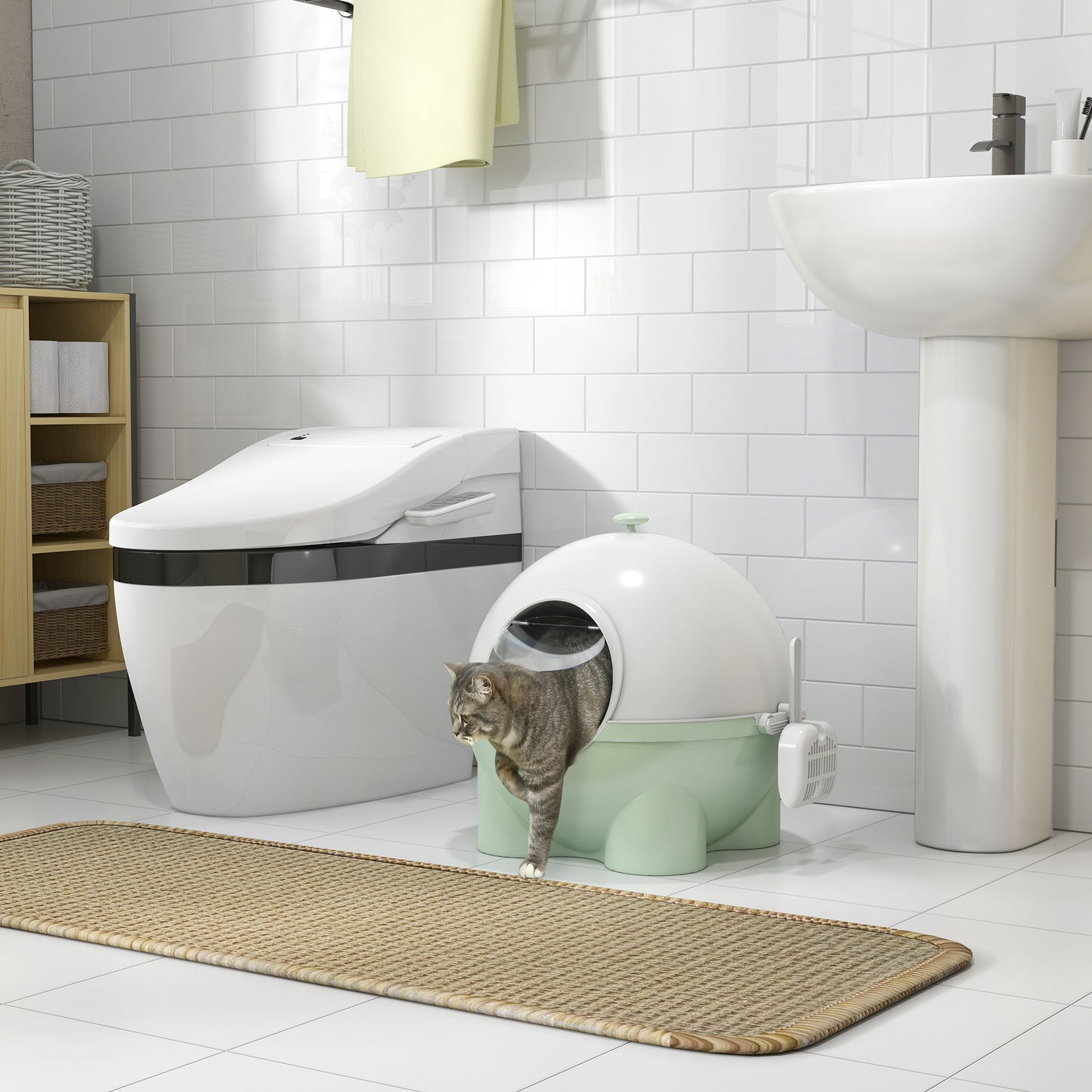 PawHut Hooded Cat Litter Box, Large Kitty Litter Pan with Lid, Scoop, Leaking Sand Pedal, Top Handle, Light Green