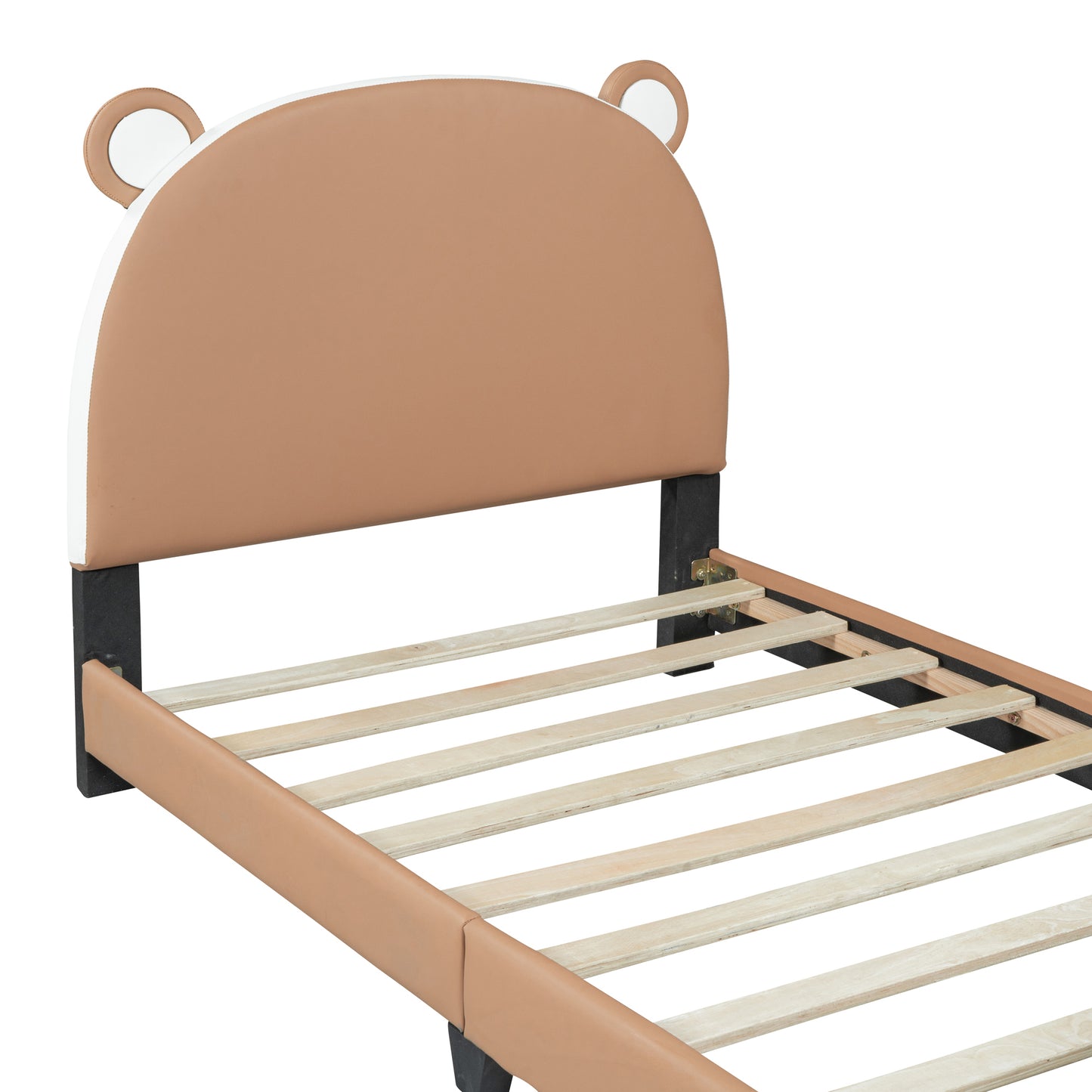 Twin Size Upholstered Platform Bed with Bear-shaped Headboard and Footboard,Brown+White