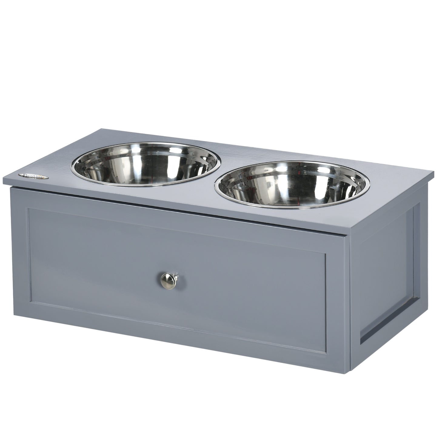 PawHut Elevated Dog Bowls, Raised Dog Bowl Stand with Storage, 2 Stainless Steel Bowls, Pet Feeding Station for Medium Dogs, Indoor Use, 23.6" x 11.8" x 9.4", Gray