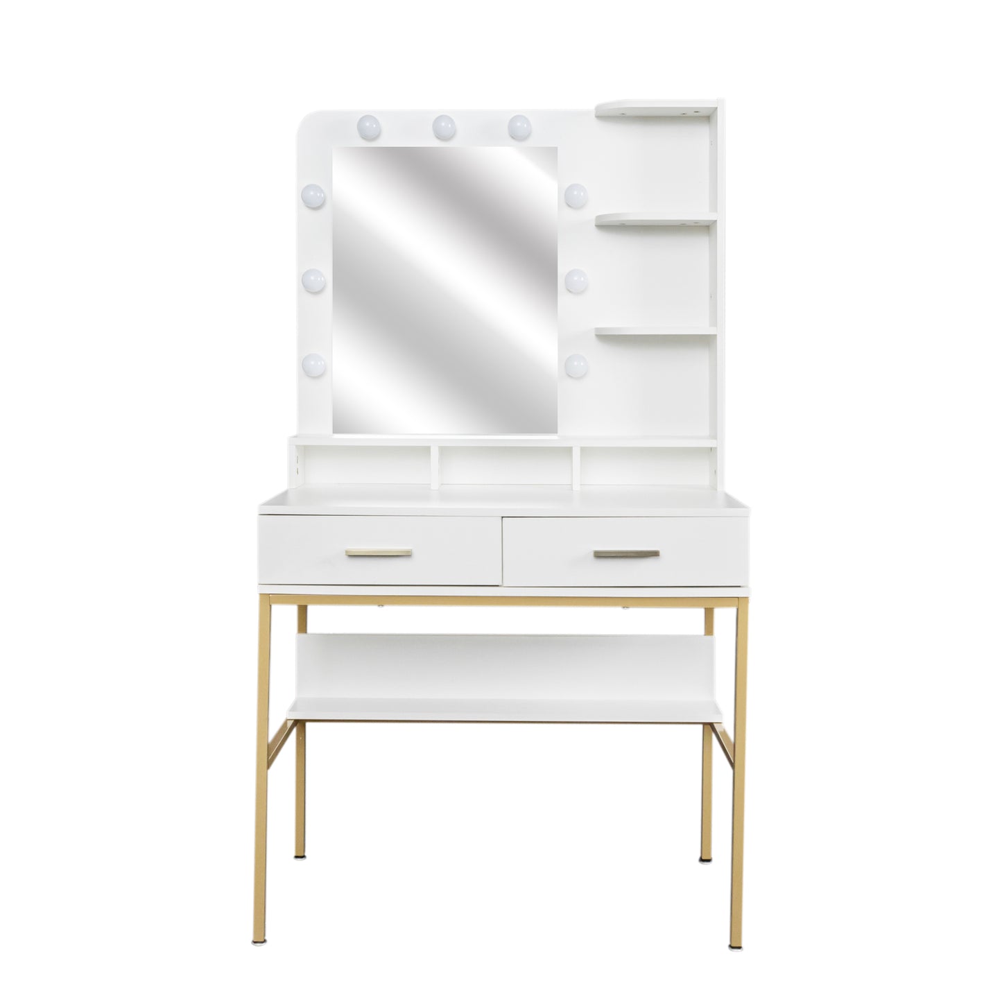 White modern simple vanity with stool, solid metal frame construction, 9 LED lights illuminate makeup mirror, adjustable brightness