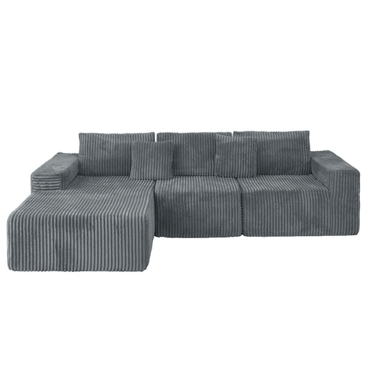 Modern Modular Cloud Sectional Couch with L-Shape Chaise, Deep Seat Upholstered Sofa in Grey Plush Corduroy, 112.99' Long, No Assembly Required