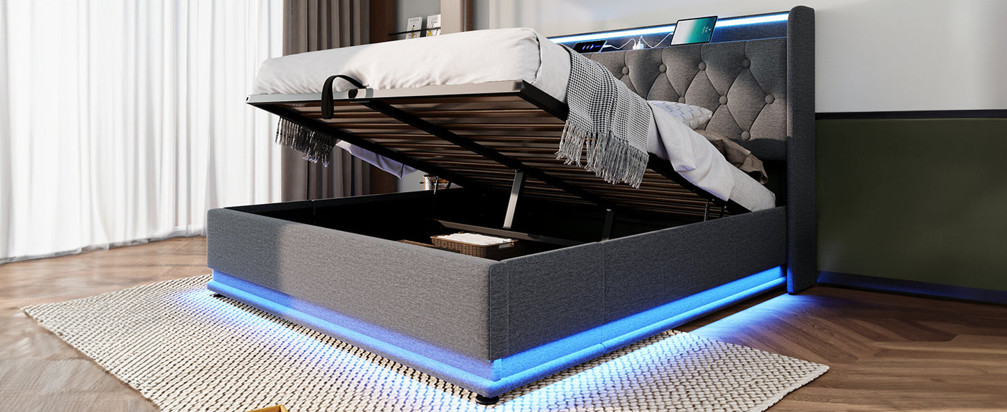 Full size Upholstered bed, 360 surround LED function, Buttons/Apps/Remote Control, hydraulic storage bed with USB Type-C charging, Gray,Linen (Without mattress)
