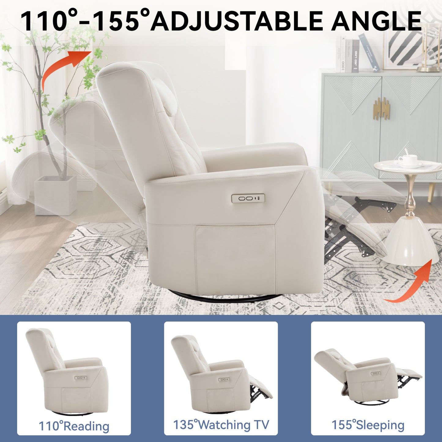 Beige Grey Leatheraire Swivel and Rocker Power Recliner Chair with Lumbar and Neck Support Pillow, Heavy Duty Motion Mechanism with USB and Type-C Ports