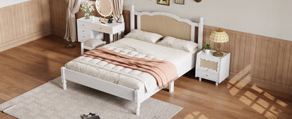 Queen Size Wooden Platform Bed with Natural Rattan Headboard, Vintage Bed Frame with Wooden Slat Support, White