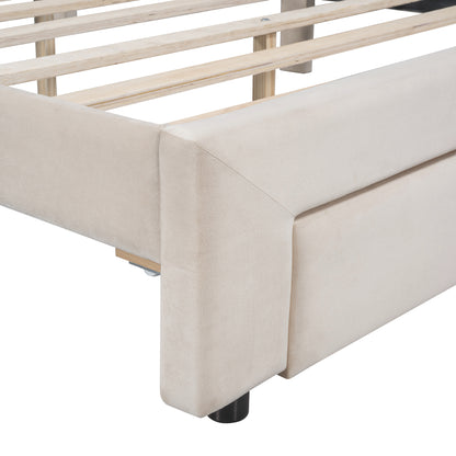 Queen Size Storage Bed Velvet Upholstered Platform Bed with a Big Drawer - Beige(old sku:WF296854AAA)