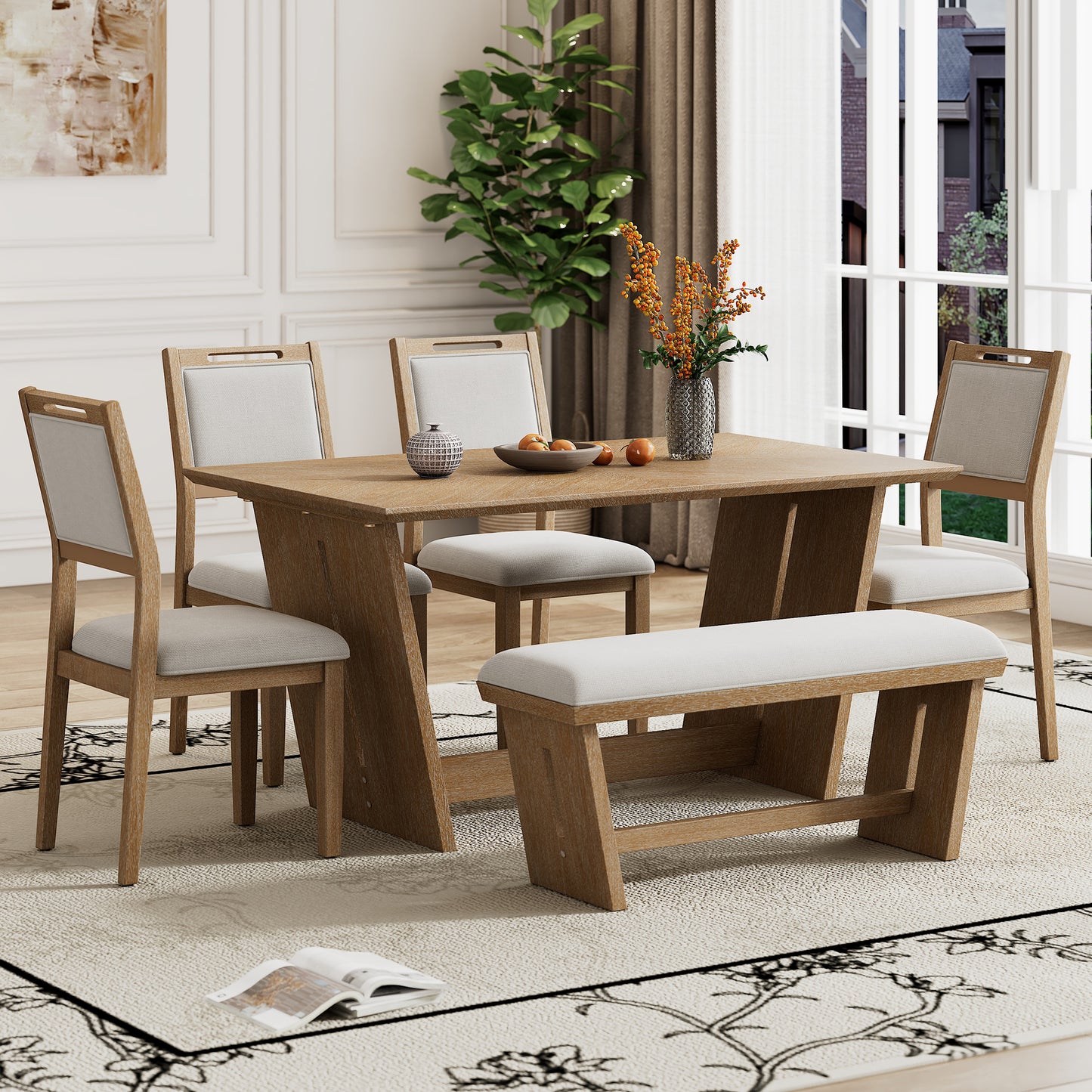 TREXM 6-Piece Retro Dining Set, 1 Rectangular Table with Stable Trapezoidal Table Base and 4 Upholstered Chairs and 1 Bench for Dining Room and Kitchen (Natural Wood Wash)