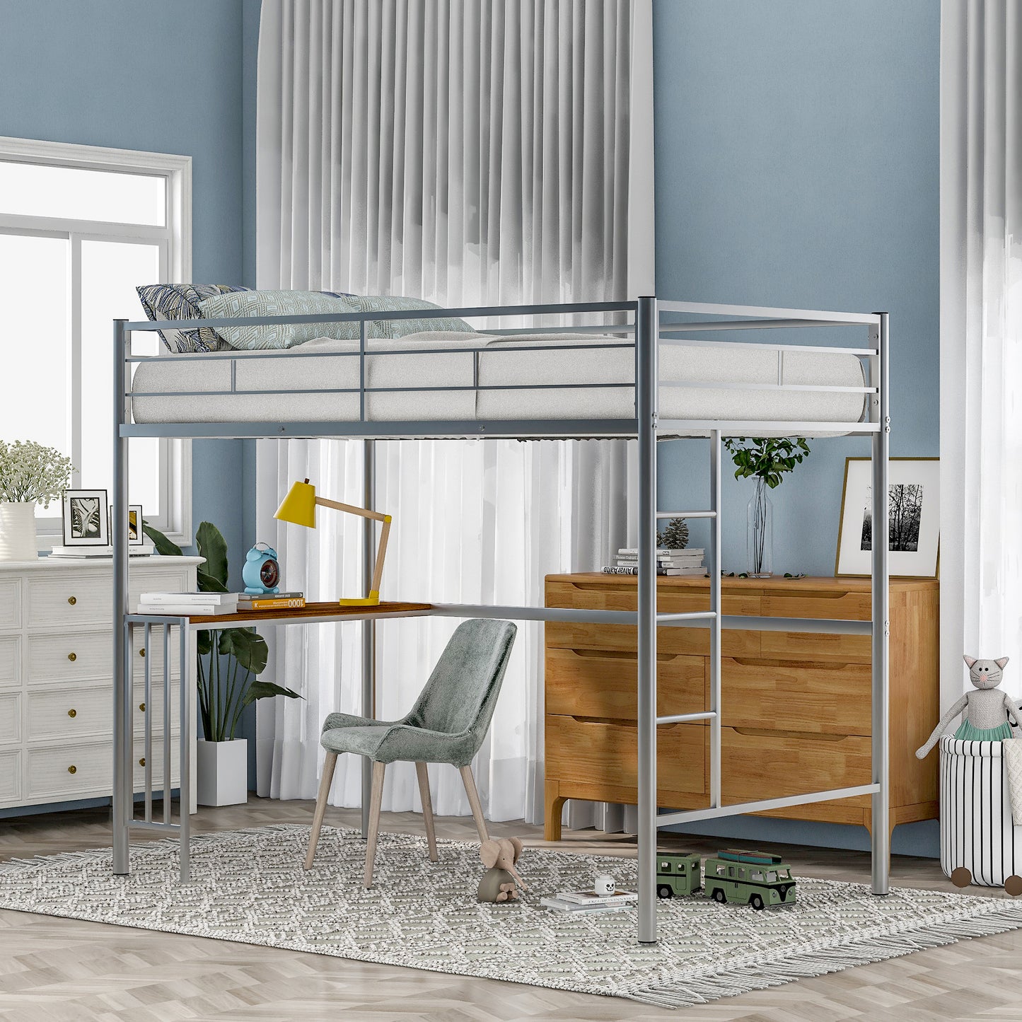 Twin Metal Loft Bed with Desk, Ladder and Guardrails, Loft Bed for Bedroom, Silver(OLD SKU : MF195191AAN)