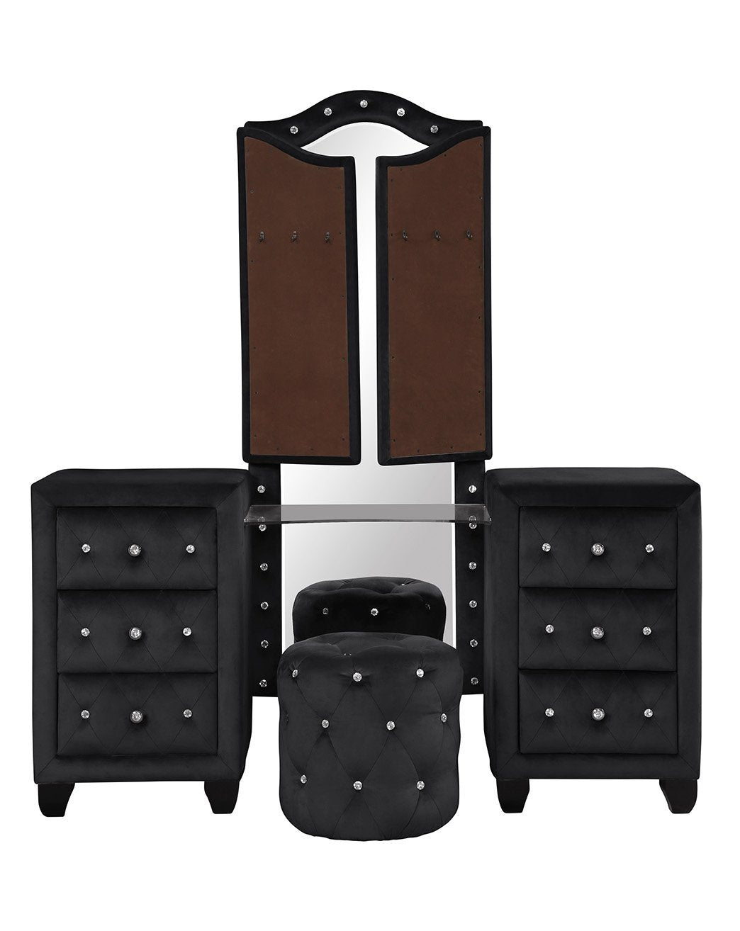 Modern Style Crystal Tufted Upholstery 6-Drawer Vanity Set with Stool, finished with Velvet Fabric made with Wood in Black