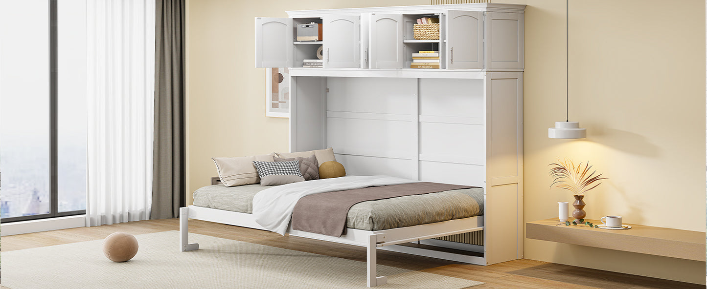 Full Size Murphy Bed Wall Bed with Top Cabinets,White