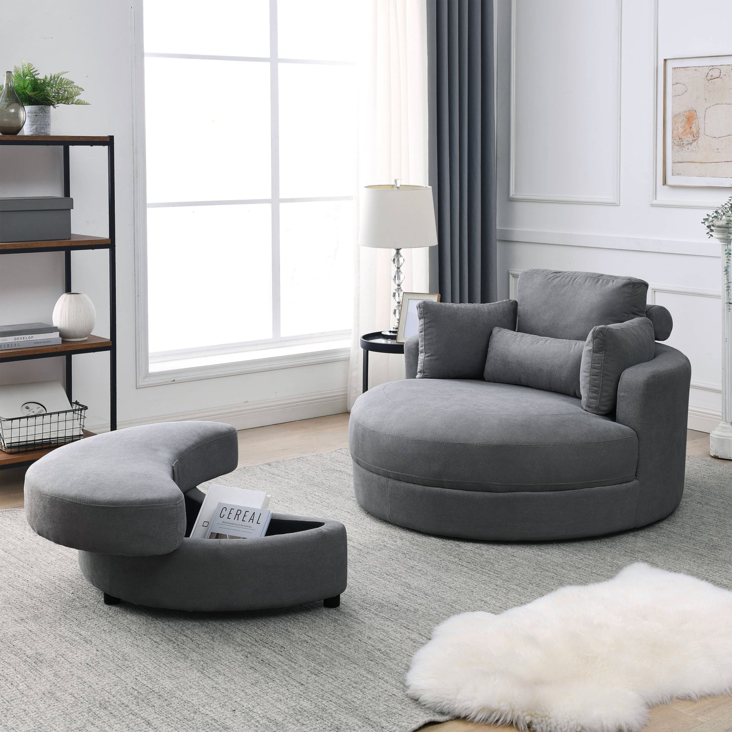 Welike Swivel Accent Barrel Modern Dark Grey Sofa Lounge Club Big Round Chair with Storage Ottoman Linen Fabric for Living Room Hotel with Pillows,2PCS.