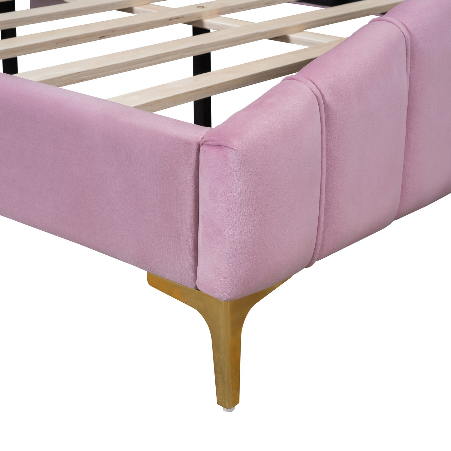 Queen Size Velvet Platform Bed with Thick Fabric, Stylish Stripe Decorated Bedboard and Elegant Metal Bed Leg, Pink