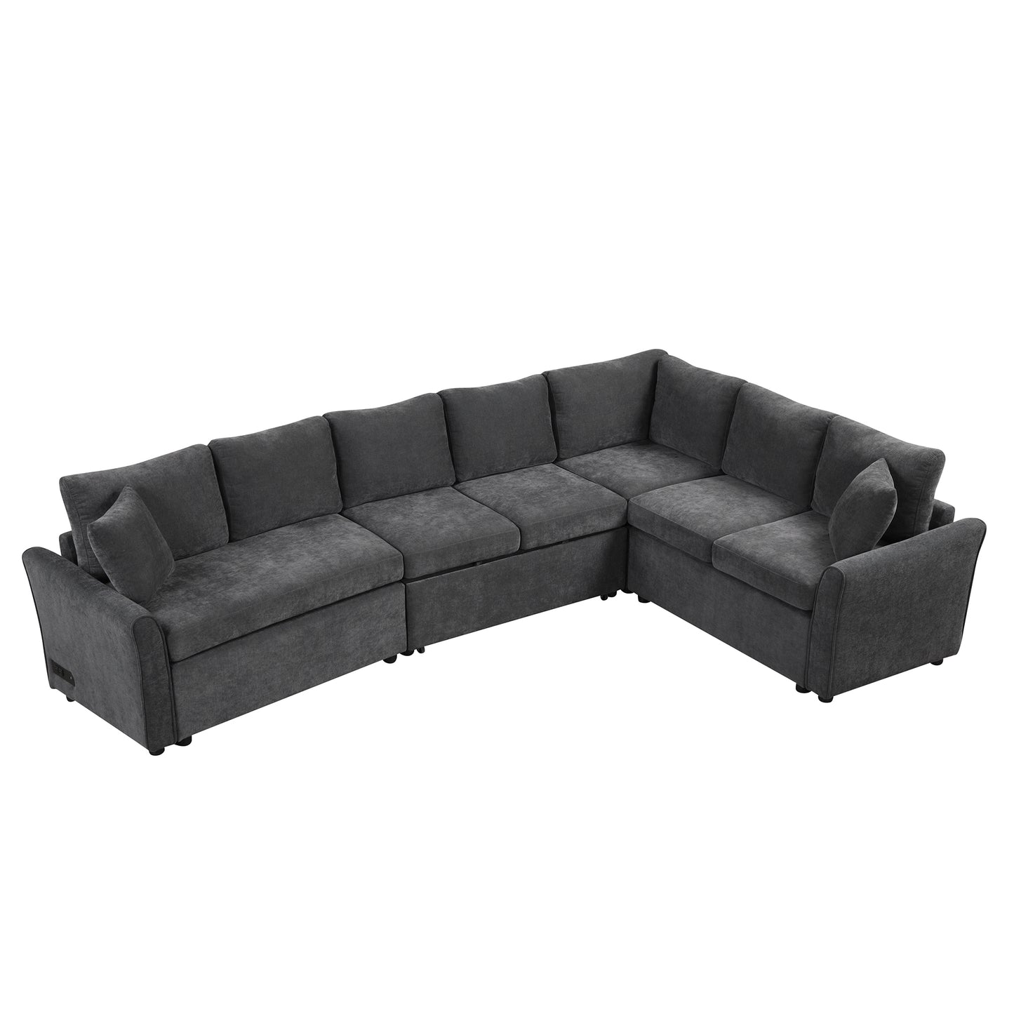124.8"L-shaped Sofa Convertible Sofa Bed Pull Out Sofa Sleeper with Two Back Pillows, Two USB Ports and Two Power Sockets for Living Room, Gray (Old SKU:SG000890AAE)