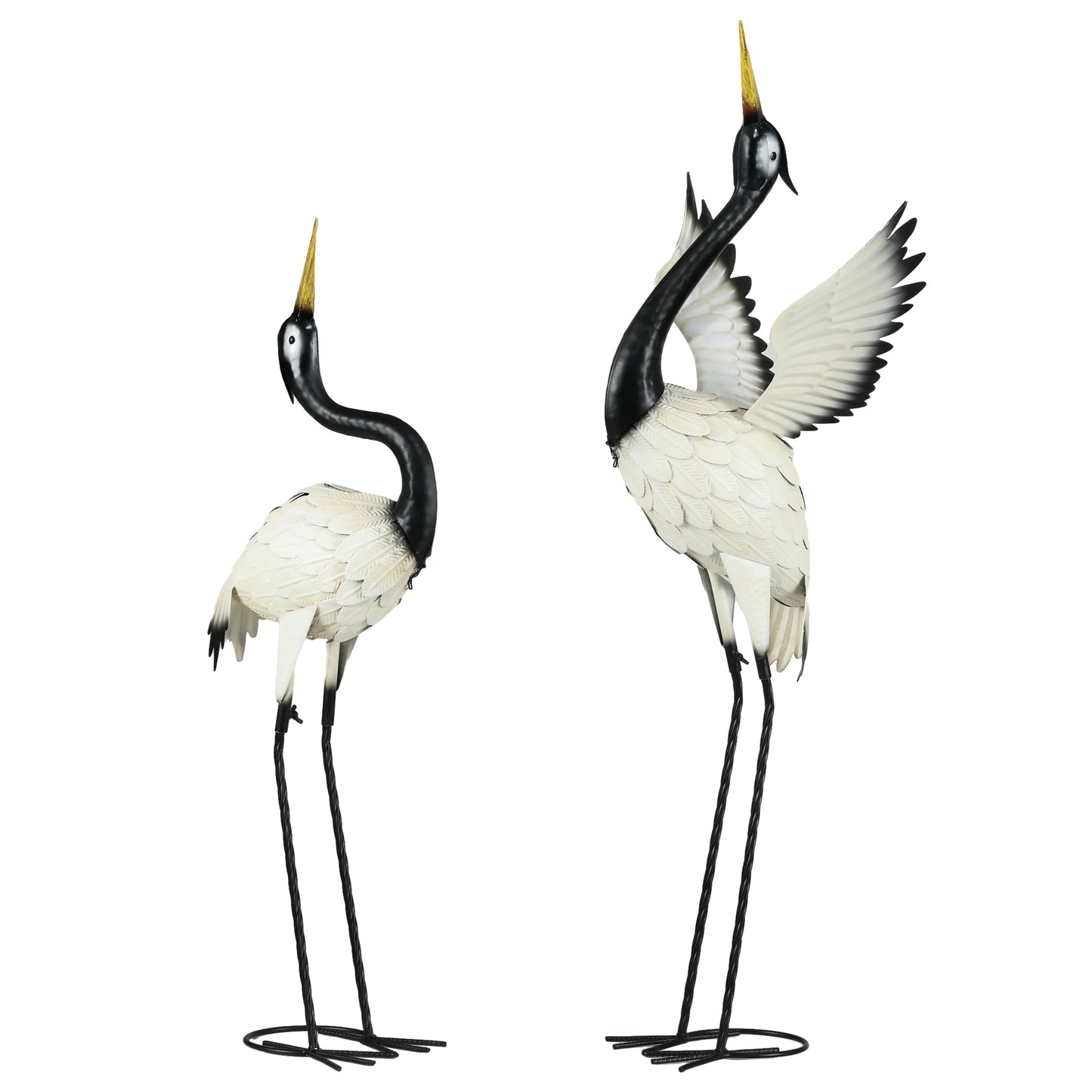Outsunny Heron Garden Statues, 35.5' & 40.5' Standing Bird Sculptures, Metal Yard Art Decor for Lawn, Patio, Backyard, Landscape Decoration Set of 2, White & Black