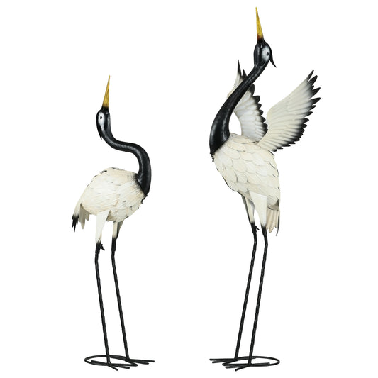 Outsunny Heron Garden Statues, 35.5' & 40.5' Standing Bird Sculptures, Metal Yard Art Decor for Lawn, Patio, Backyard, Landscape Decoration Set of 2, White & Black
