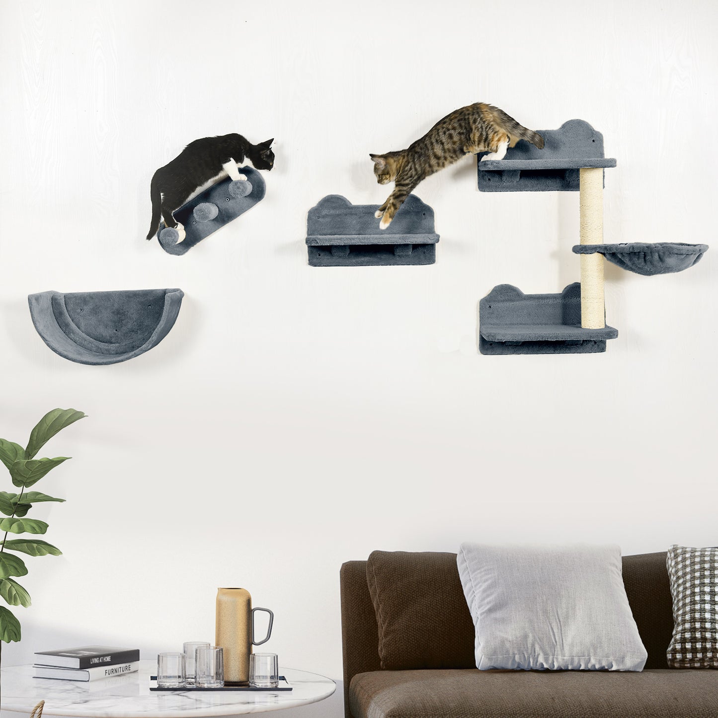 PawHut Cat Wall Shelves, 4 Pcs Cat Wall Furniture Cat Climbing Shelf with Cat Hammock, 3 Steps, Perches, Scratching Post, for Sleeping, Playing, Gray