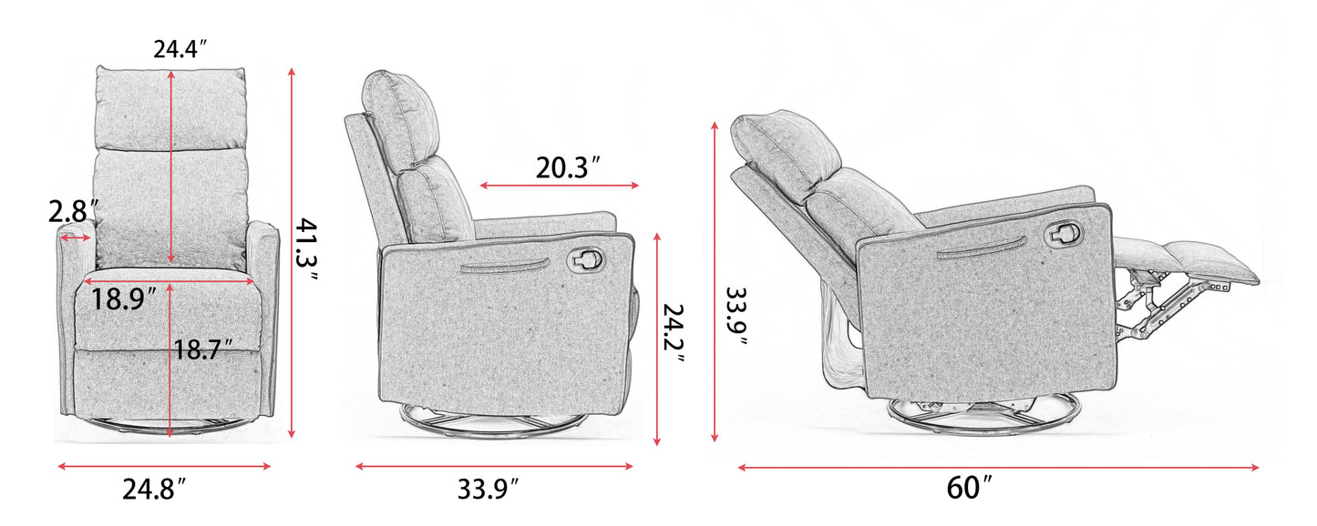 038-Cotton Linen Fabric Swivel Rocking Chair Glider Rocker Recliner Nursery Chair With Adjustable Back And Footrest For Living Room Indoor,Light Gray