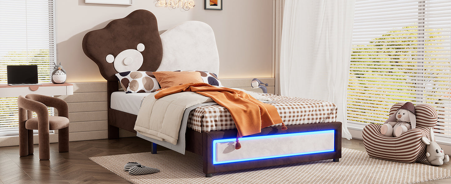 Twin Size Upholstered Platform Bed with Bear Shaped Headboard, LED Light Strips, White + Brown