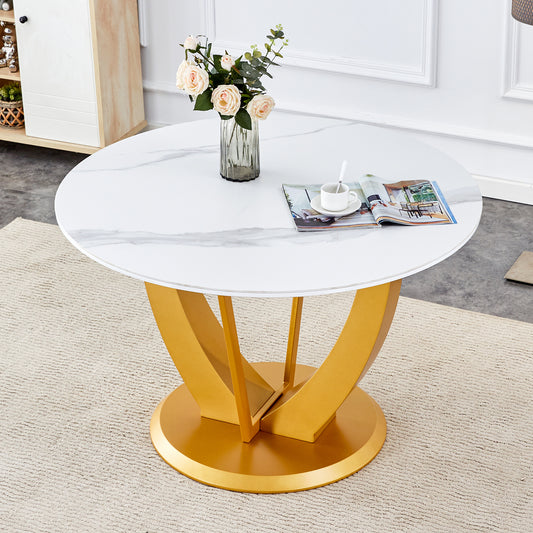 A modern minimalist round white patterned table top measuring 48 inches in diameter with gold MDF legs. Suitable for dining and living rooms.