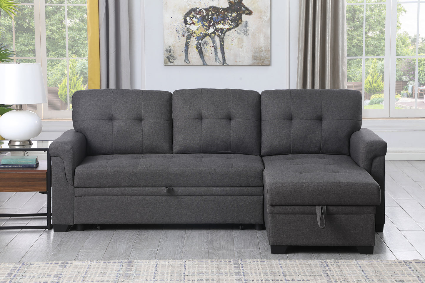 Lucca 84" Dark Gray Linen Reversible Sleeper Sectional Sofa with Storage Chaise