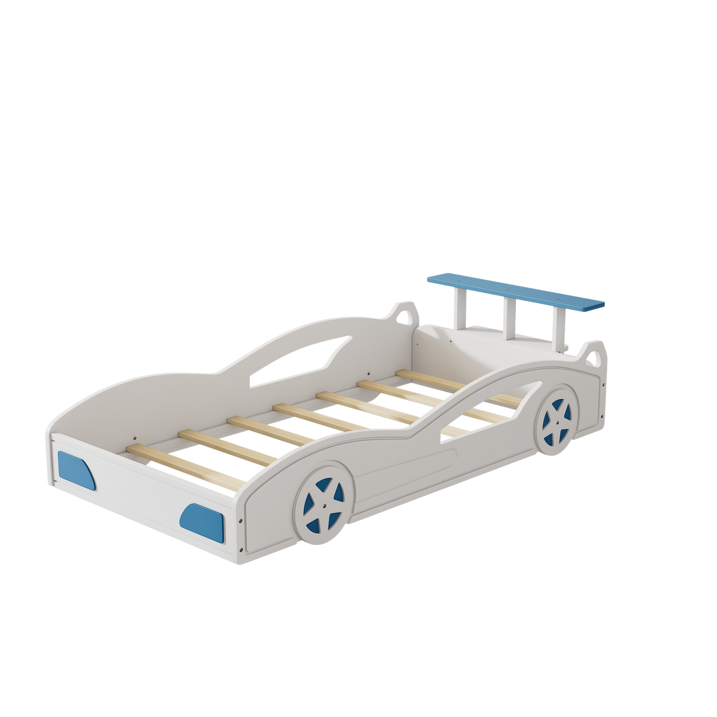 Wooden Race Car Bed,Car-Shaped Platform Twin Bed with Wheels For Teens,White & Blue