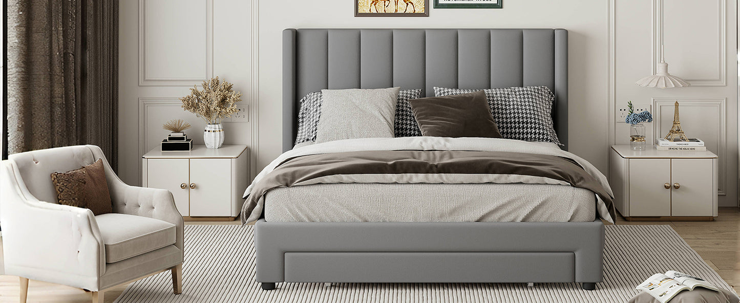 Queen Size Storage Bed Velvet Upholstered Platform Bed with a Big Drawer - Gray(old sku:WF296854AAE)