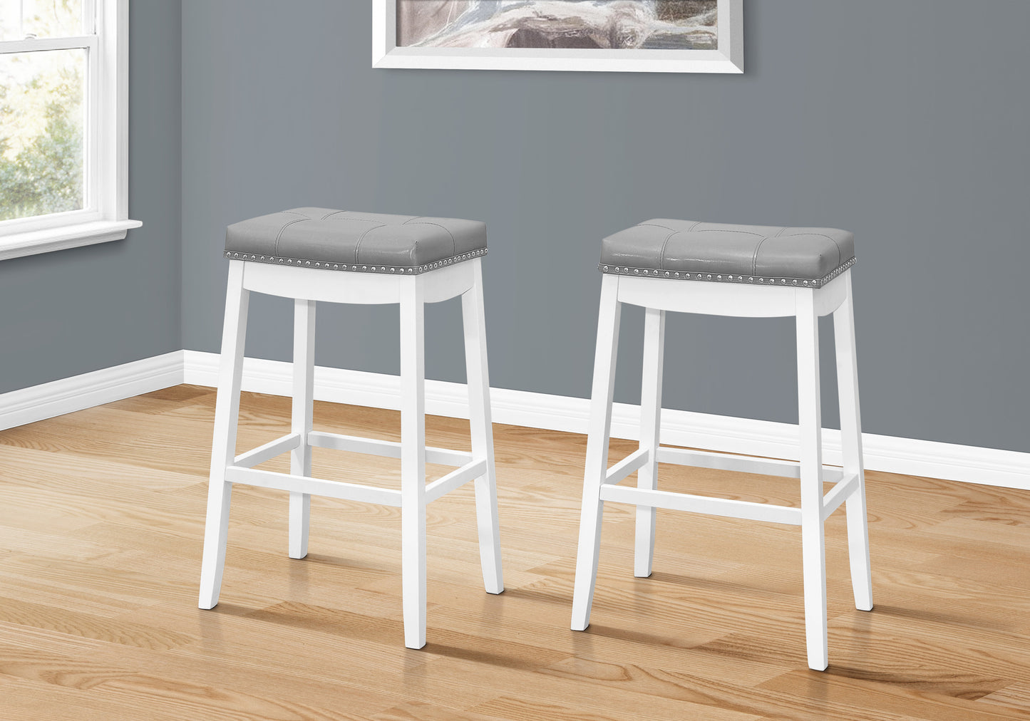 Bar Stool, Set Of 2, Bar Height, Saddle Seat, White Wood, Grey Leather Look, Transitional