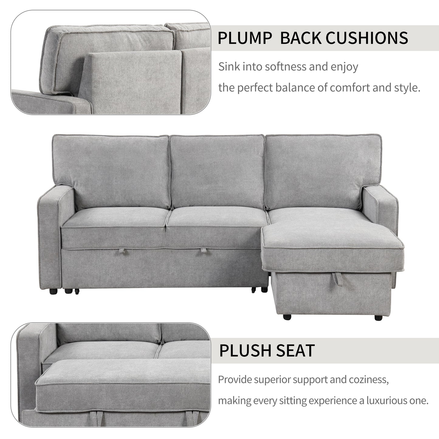 U_STYLE Upholstery Sleeper Sectional Sofa with Storage Space, USB port, 2 cup holders on Back Cushions(same sku; WY000335AAE)