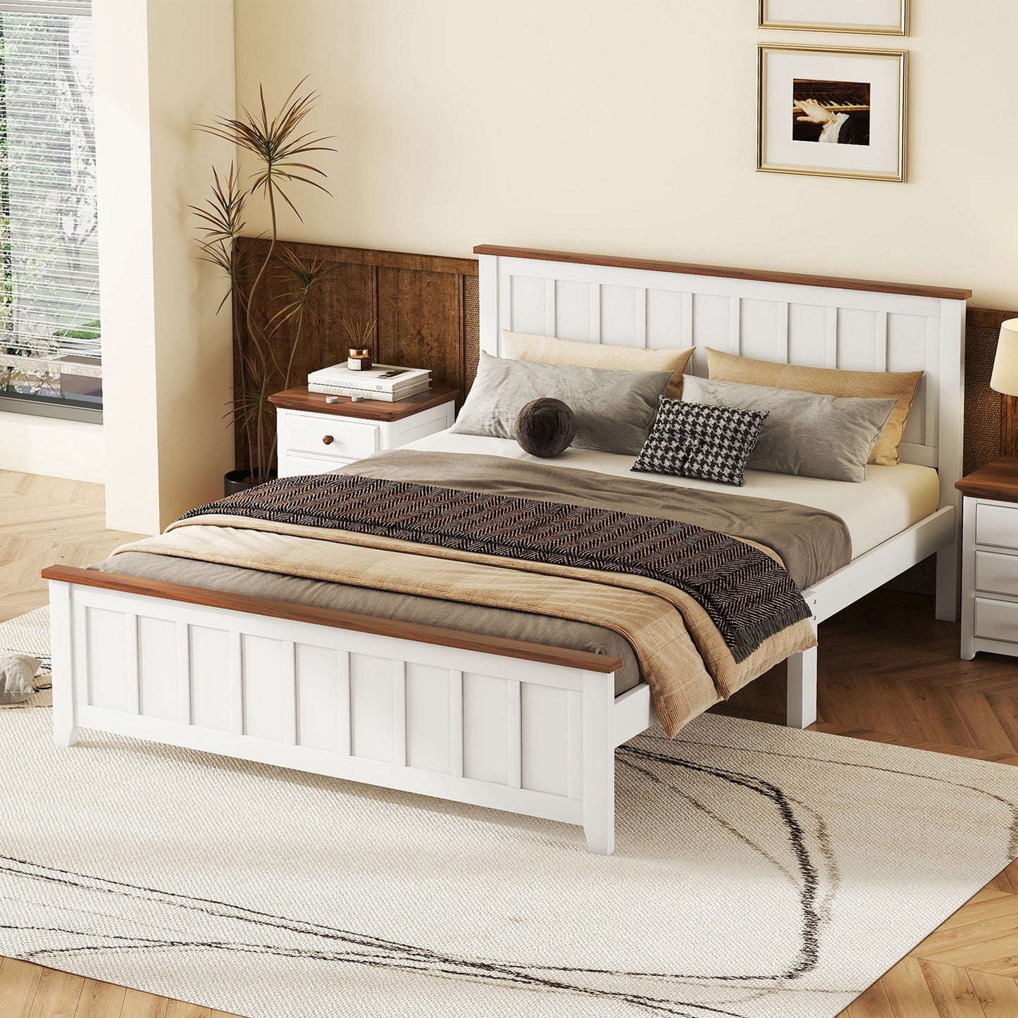 Queen Size Wood Platform Bed Wooden Slat Support, Vintage Simple Bed Frame with Rectangular Headboard and Footboard, White