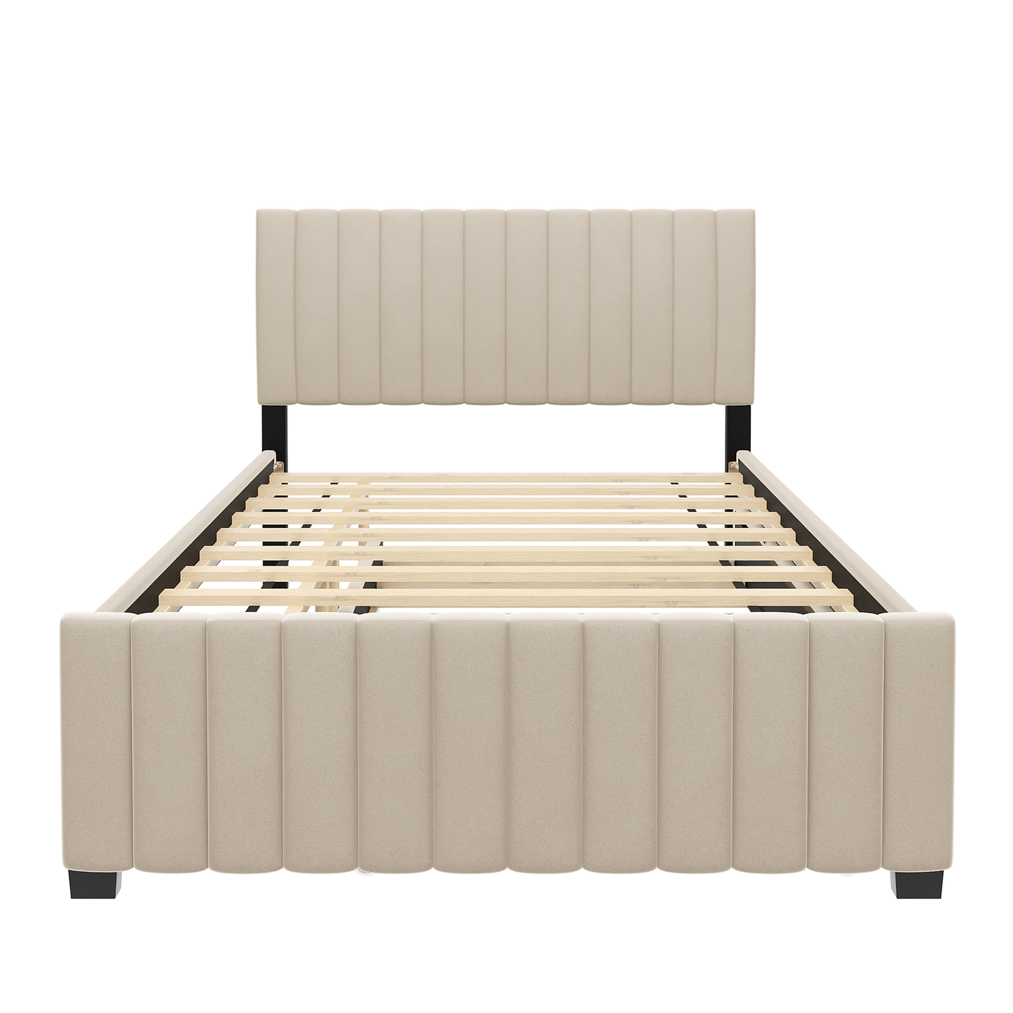 Full Size Velvet Upholstered Platform Bed with Twin Size Trundle, Beige