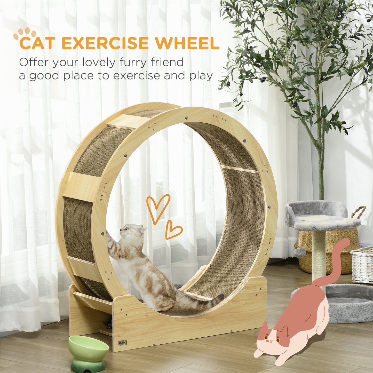 PawHut Cat Wheel for Indoor Cats, 36" Cat Treadmill with Scratching Pads, Cat Exercise Running Wheel with Brake for Health and Fitness, Oak