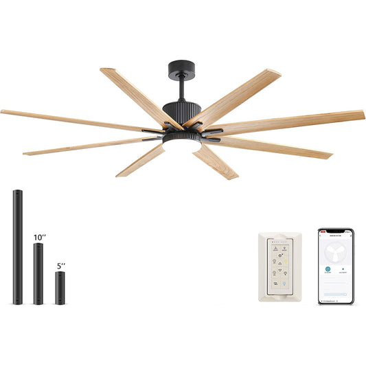 76 Inch Indoor Ceiling Fan With Dimmable 3 Color Led Light 8 Solid Wood Blades Remote Control Reversible DC Motor Black For Home