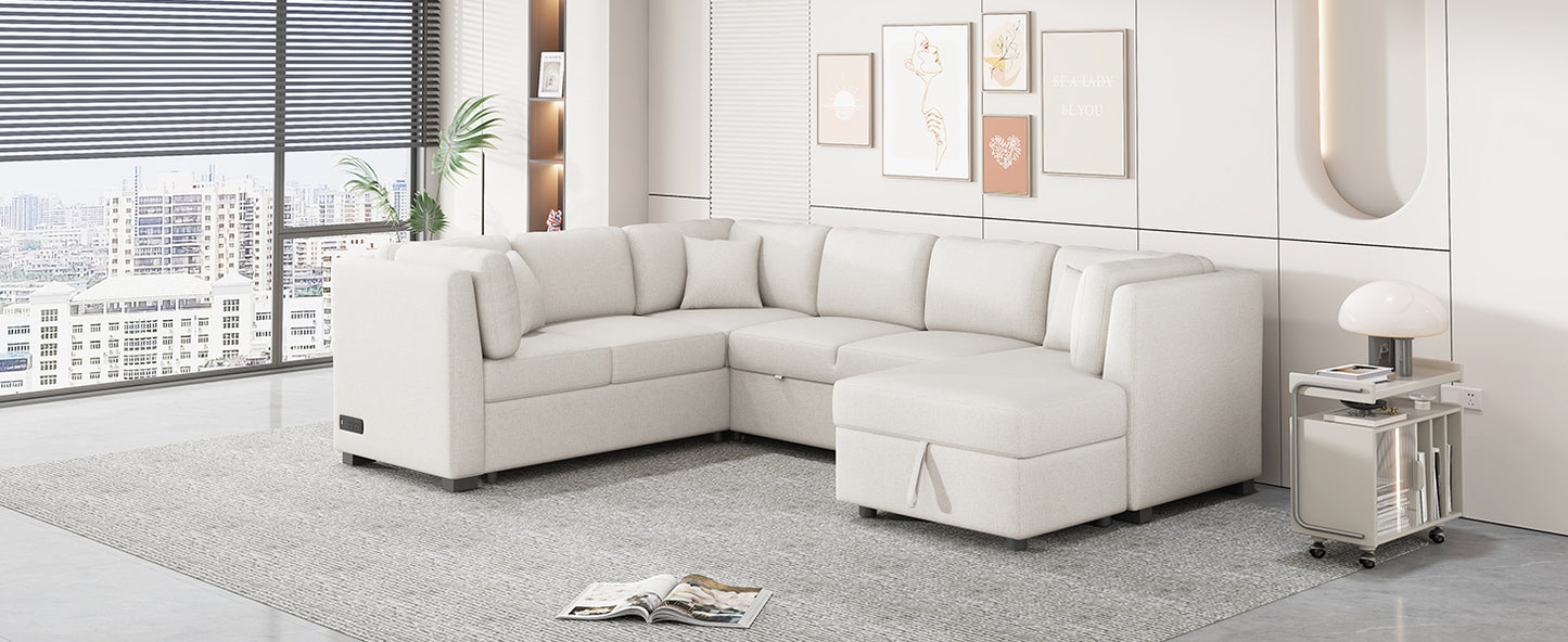 108.6" U-shaped Sectional Sofa Pull out Sofa Bed with Two USB Ports, Two Power Sockets, Three Back Pillows and a Storage Chaise for Living Room, Beige