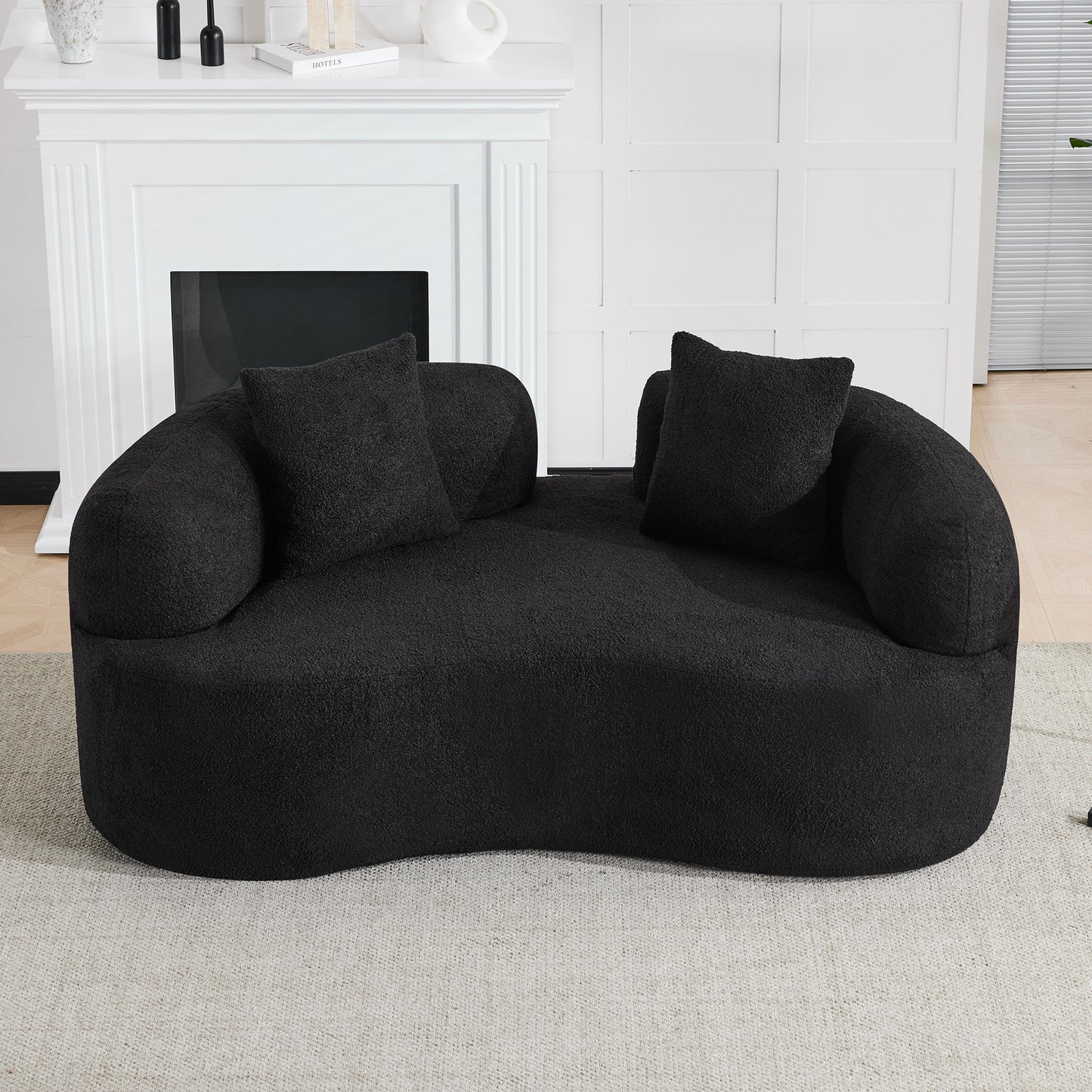 66.93 Inch Curved Loveseat Black Full Compression Sponge Sofa, Teddy Velvet Fabric, No-Assembly Compact Sofa for Small Spaces & Apartments, 350 lbs Capacity