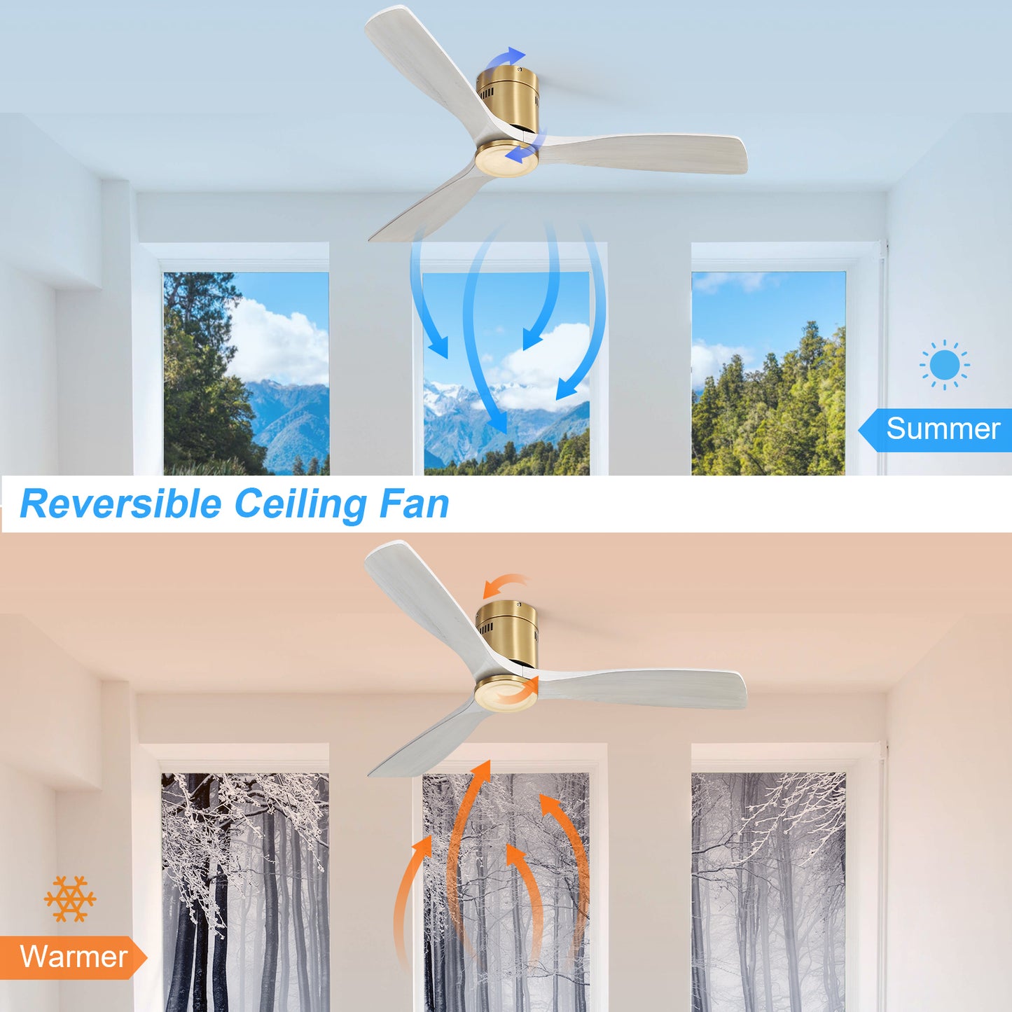 52 Inch Wooden Ceiling Fan With 3 Solid Wood Blades Remote Control Reversible DC Motor Without Light