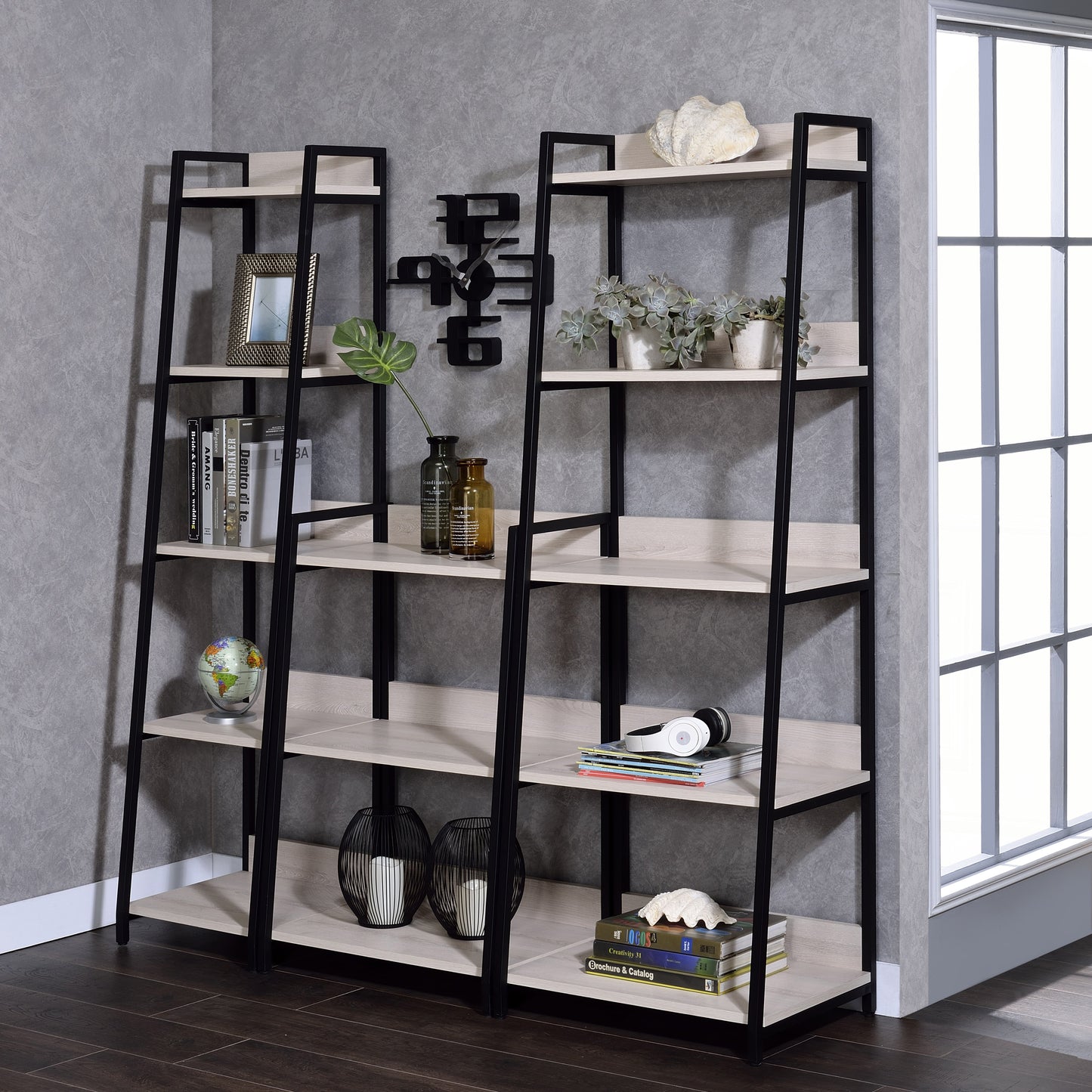 Natural and Black 5-tier Ladder Bookshelf