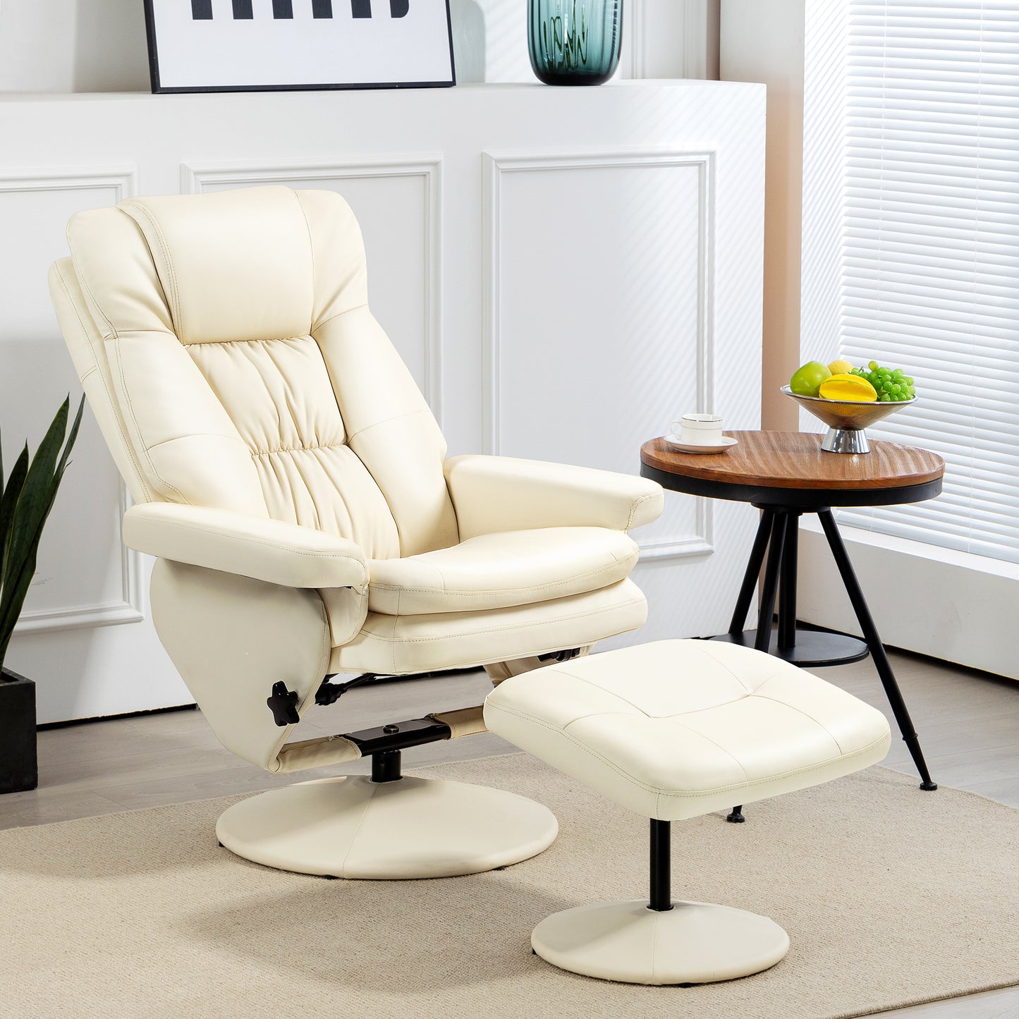 HOMCOM Swivel Recliner with Ottoman, PU Leather Reclining Chair with Ottoman, Upholstered Recliner and Footrest with Wrapped Base for Living Room, Bedroom and Home Office, Cream White