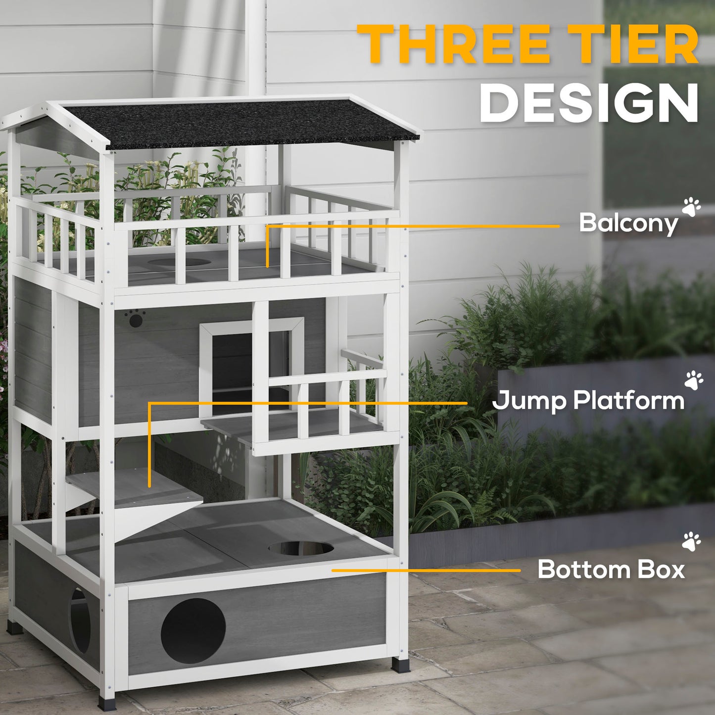 PawHut Wooden Outdoor Cat House, Feral Cat Shelter Kitten Condo with Asphalt Roof, Escape Doors, Condo, Jumping Platform, Light Gray