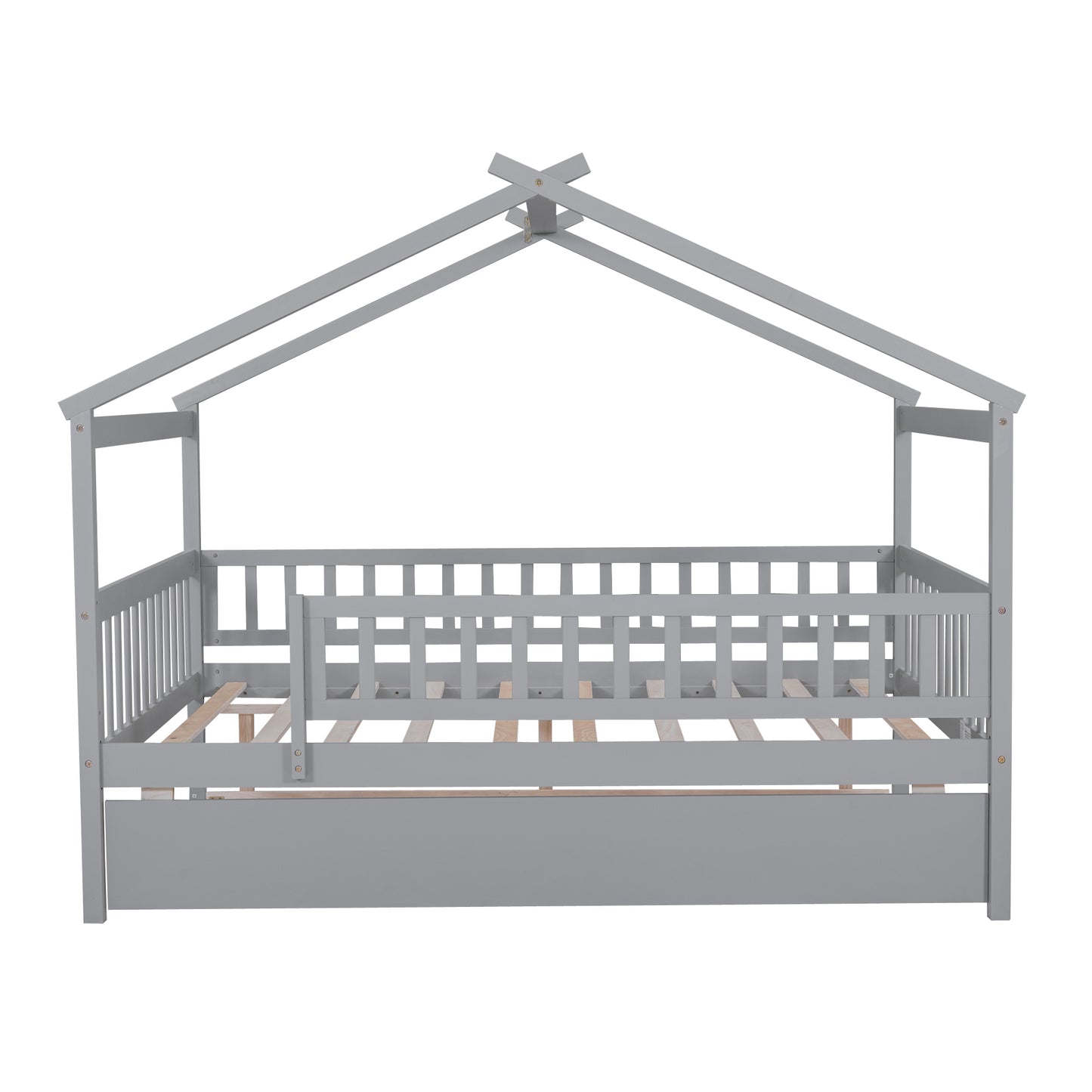 Full Size Wooden House Bed with Twin Size Trundle, Gray