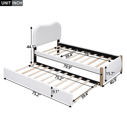 Twin Size Upholstered Platform Bed with Wood Supporting Feet and Twin Size Trundle, White