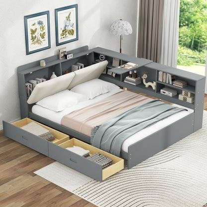 Wood Full Size platform bed with Storage Headboard, Shelves and 2 Drawers, Gray