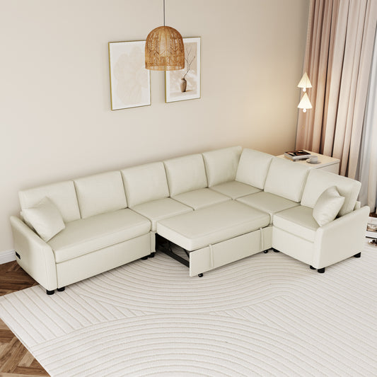 124.8"L-shaped Sofa Convertible Sofa Bed Pull Out Sofa Sleeper with Two Back Pillows, Two USB Ports and Two Power Sockets for Living Room, Beige(Old SKU:SG000890AAA)