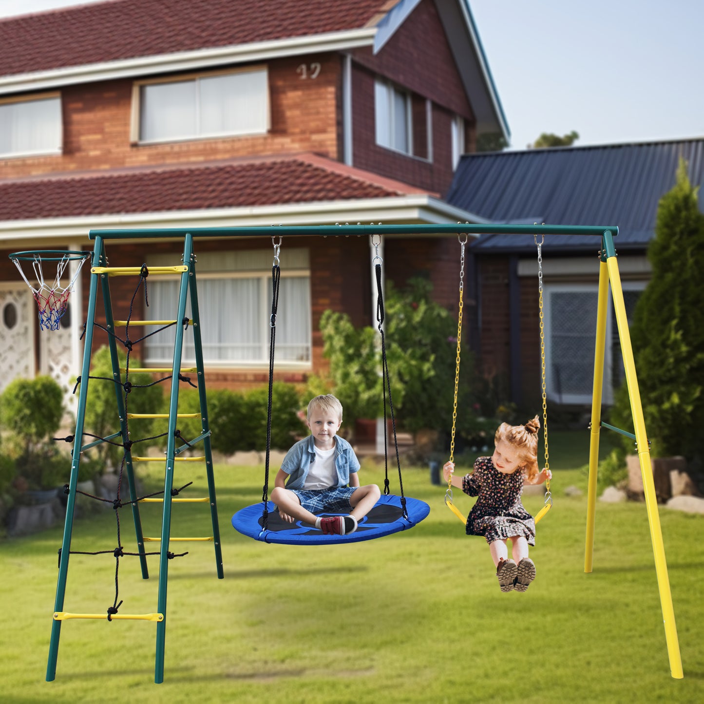 Swing Set for Kids Outdoor Backyard Playground Swing Set with Ladder and Basketball Hoop