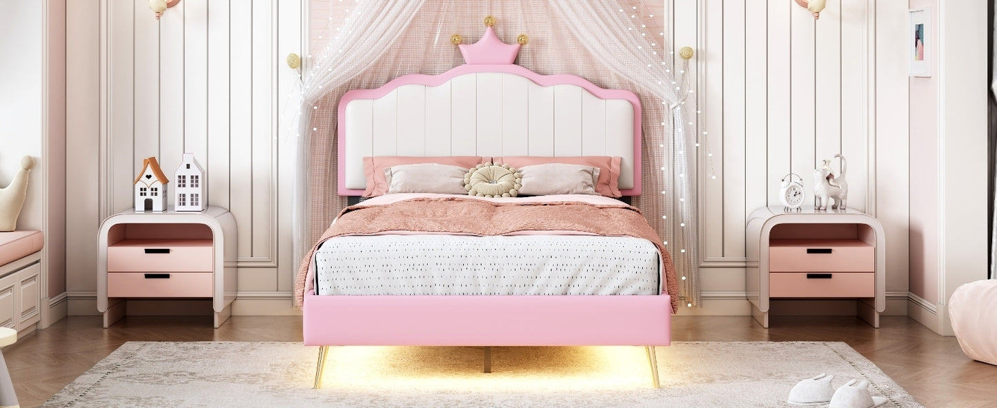 Twin size Upholstered Princess Bed With Crown Headboard,Twin Size Platform Bed with Headboard and Footboard with Light Strips,Golden Metal Legs, White+Pink