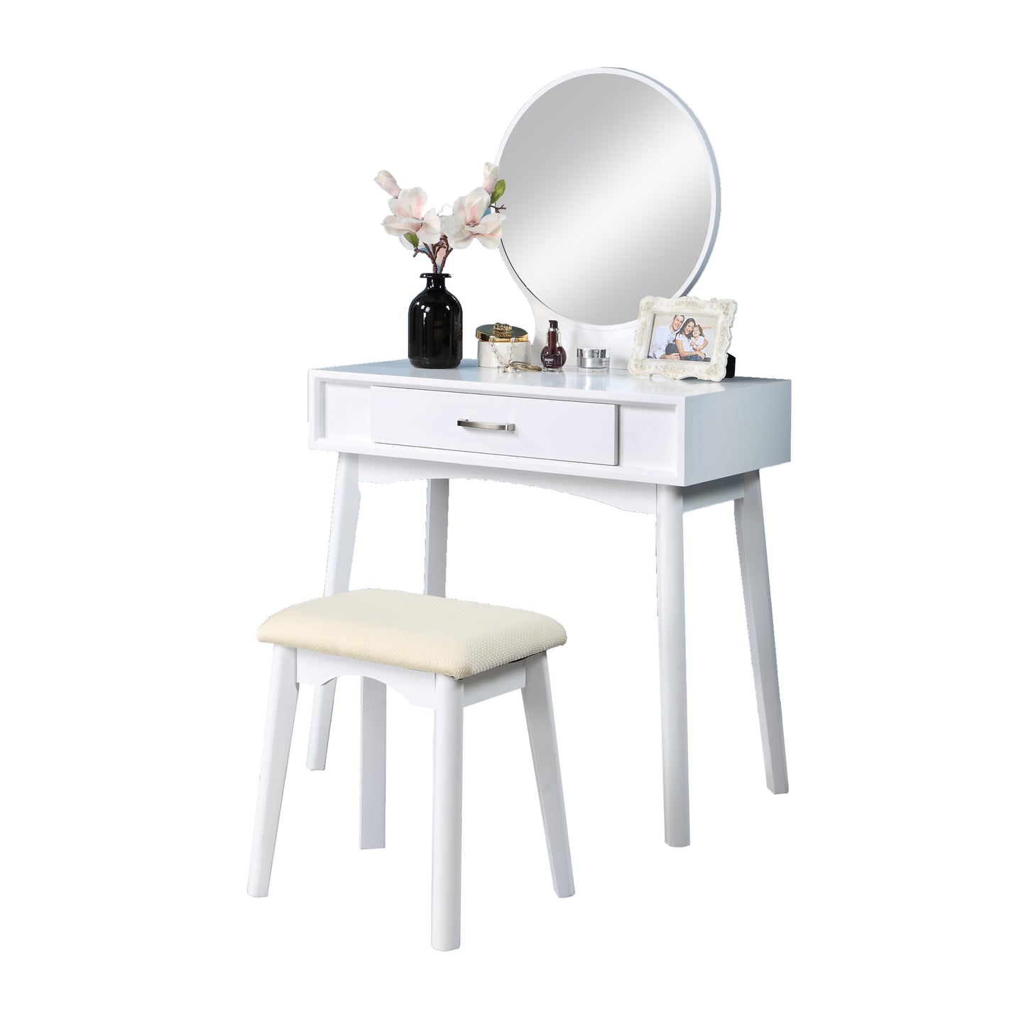 Maly Contemporary Wood Vanity and Stool Set, White