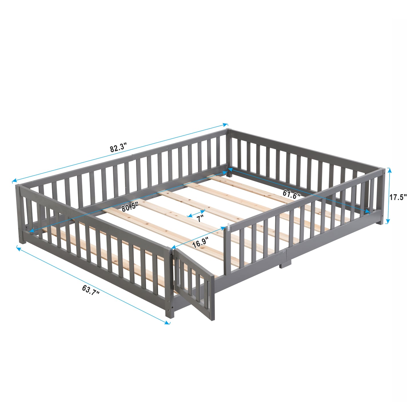 Queen Size Floor Bed with Door,Solid Wood Platform Bed Frame with Fence,Suitable for children,Pine Wood,Gray