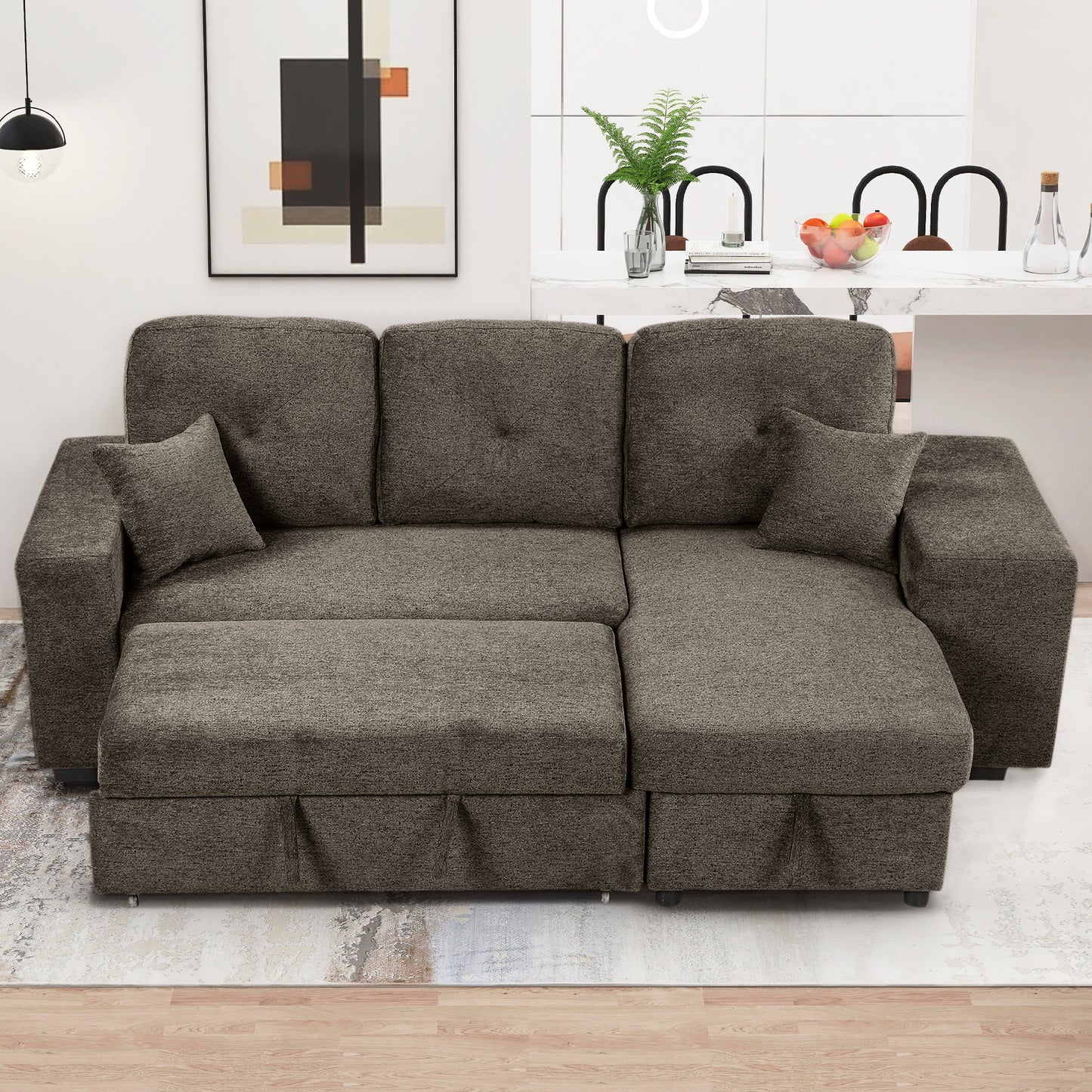 Reversible Sleeper Sectional Sofa Bed with Side Shelf and 2 Stools,Pull-Out L-Shaped Sofa Bed,Corner Sofa-Bed with Storage Chaise Left/Right Hande for Living Room,Knox Charcoal