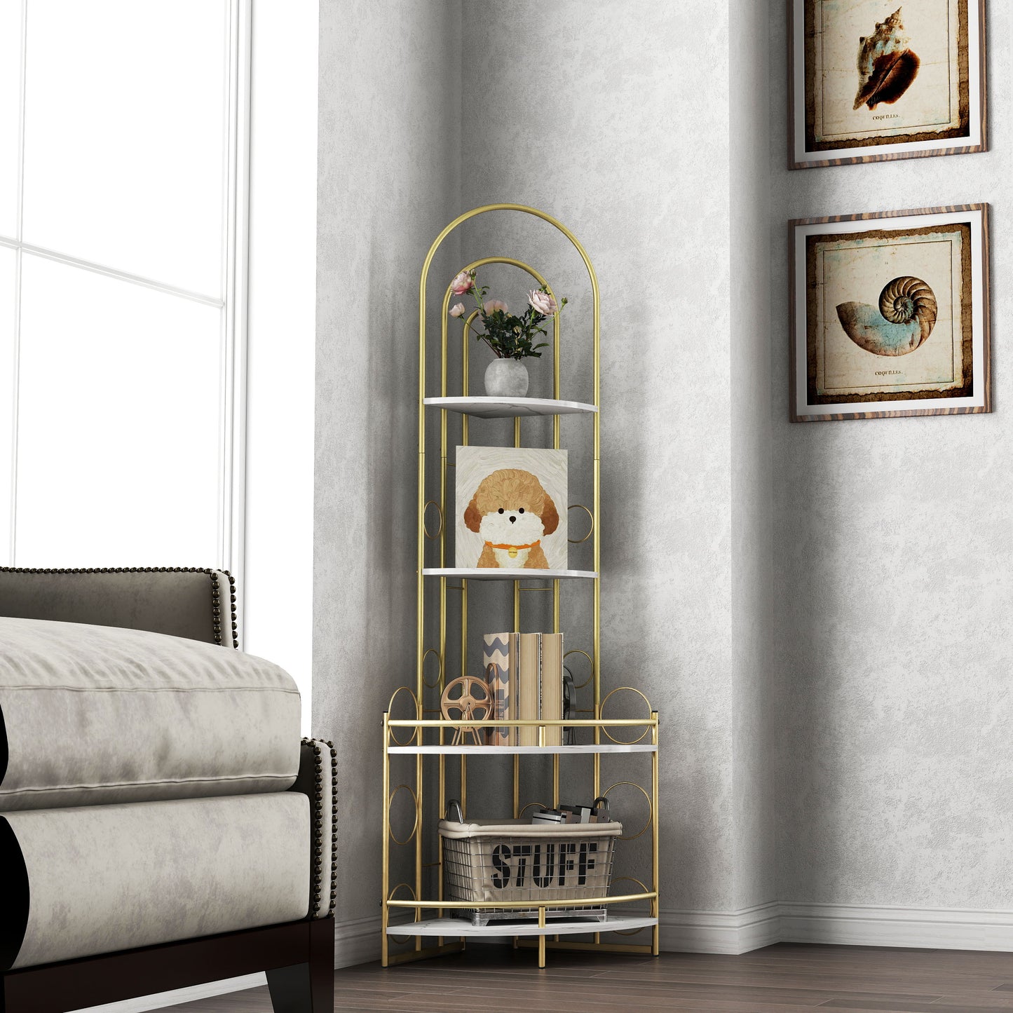 Gold 4-Tier Corner Bookshelf, Modern Style, Plant Stand with Metal Frame